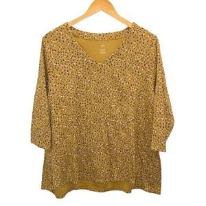 J. Jill Pima Cotton‎ 3/4 Sleeve V-Neck Top Yellow Mini Cheetah Print Size XLarge